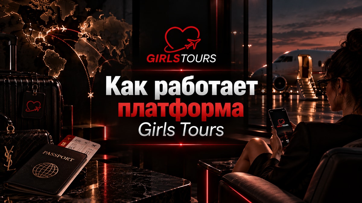 Обложка «Как работает платформа Girls Tours»: девушка с телефоном в аэропорту.