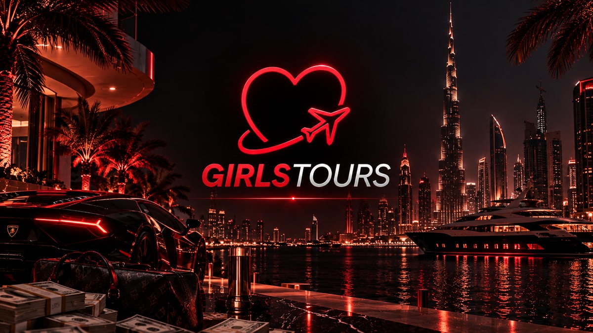 Обложка GirlsTours с логотипом, панорамой Дубая, автомобилем и яхтой.