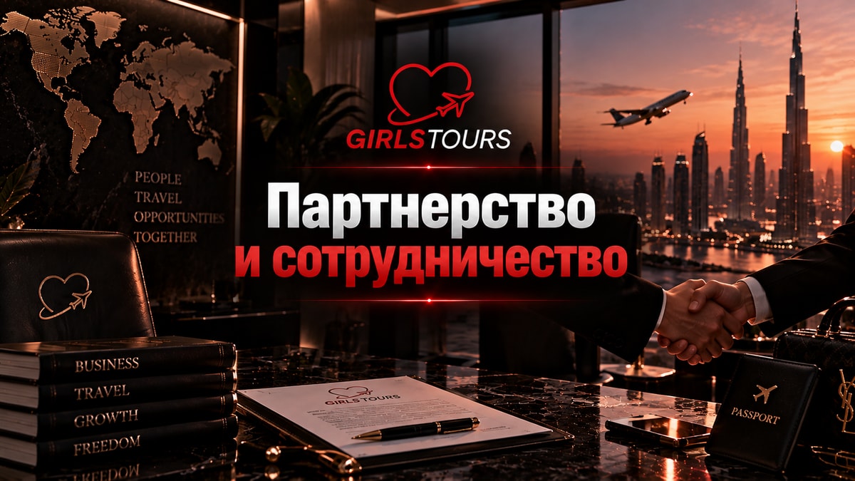 Обложка партнерства GirlsTours: рукопожатие на фоне Дубая.
